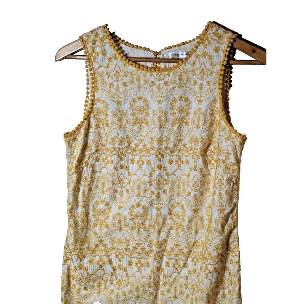 Max Studio Beautiful Embroidered White And Yellow Tunic Dress Crochet Trim S